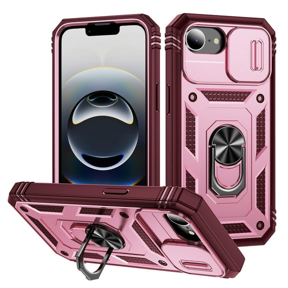 Dteck Case for iPhone 16e,iPhone 17e Shockproof Rugged Case Slide Camera Cover Protective Phone Case with Ring Stand Back Cover for iPhone 16e/17e,Pink