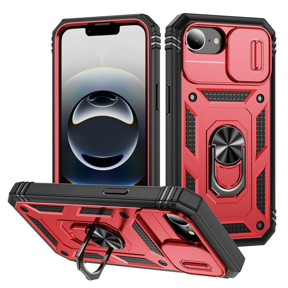 Dteck Case for iPhone 16e,iPhone 17e Shockproof Rugged Case Slide Camera Cover Protective Phone Case with Ring Stand Back Cover for iPhone 16e/17e,Red