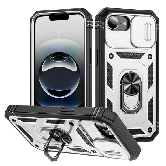 Dteck Case for iPhone 16e,Shockproof Rugged Case Slide Camera Cover Protective Phone Case with Ring Stand Back Cover for iPhone 16e,White