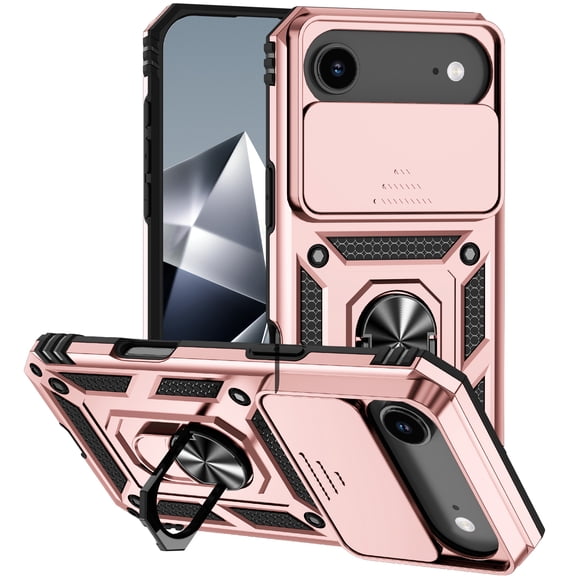 Dteck Case for iPhone 17 Air ,Shockproof TPU+PC with Slide Camera Cover Built-in 360° Rotate Ring Kickstand Magnetic Shockproof Back Cover,Rosegold
