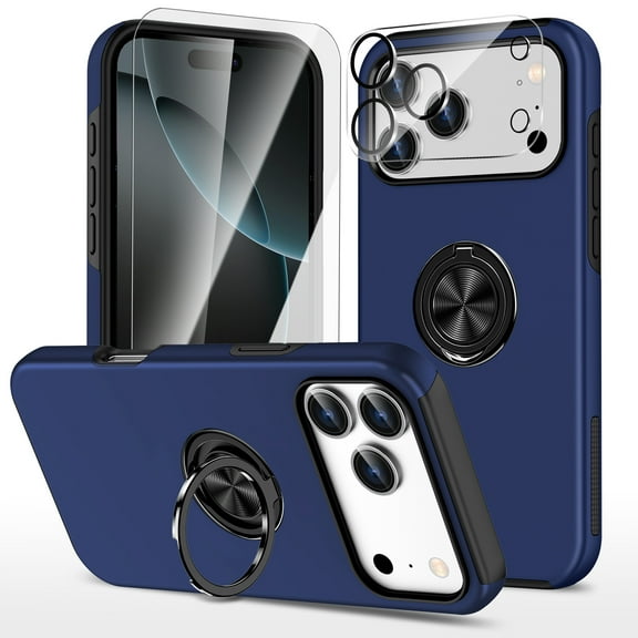 Dteck Case for iPhone 17 Pro Case with Camera Lens Cover + Screen Protector, Rotated Ring Kickstand Shockproof Protective Cover,Blue