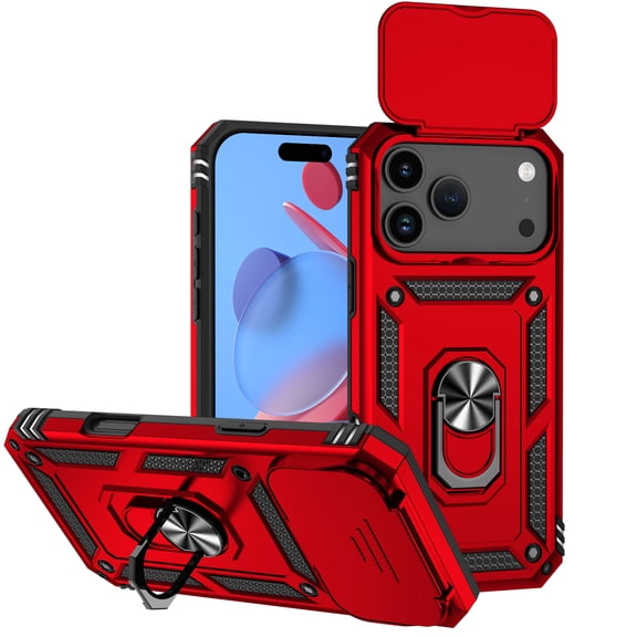 Dteck Case for iPhone 17 Pro ,Shockproof TPU+PC with Slide Camera Cover Built-in 360° Rotate Ring Kickstand Magnetic Shockproof Back Cover,Red
