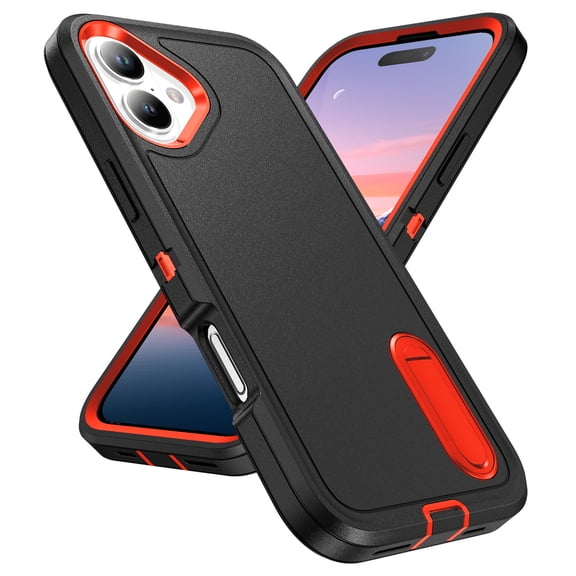 Dteck Case for iPhone 17,Shockproof Silicone + PC Case with Hidden Kickstand Cover for iPhone 17 ,Black+Orange