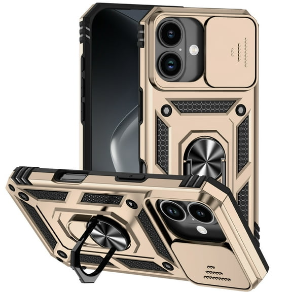 Dteck Case for iPhone 17 ,Shockproof TPU+PC with Slide Camera Cover Built-in 360° Rotate Ring Kickstand Magnetic Shockproof Back Cover,Gold