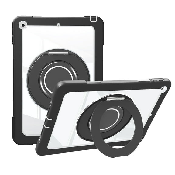 Dteck Case for iPad 10.2 inch (2021/2020/2019 Released, 9th/8th/7th Gen), Hard PC Clear Back Shell 3-Layers Armor Heavy Duty Shockproof Cover with 360° Metal Ring Stand,Black