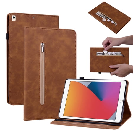 Dteck Case for iPad 10.2-inch 9th 8th 7th Generation,Magnetic Leather Smart Zipper Wallet Kickstand Case Card Holder Pocket Shockproof Rubber Cover for iPad 10.2" 2021/2020/2019,Brown