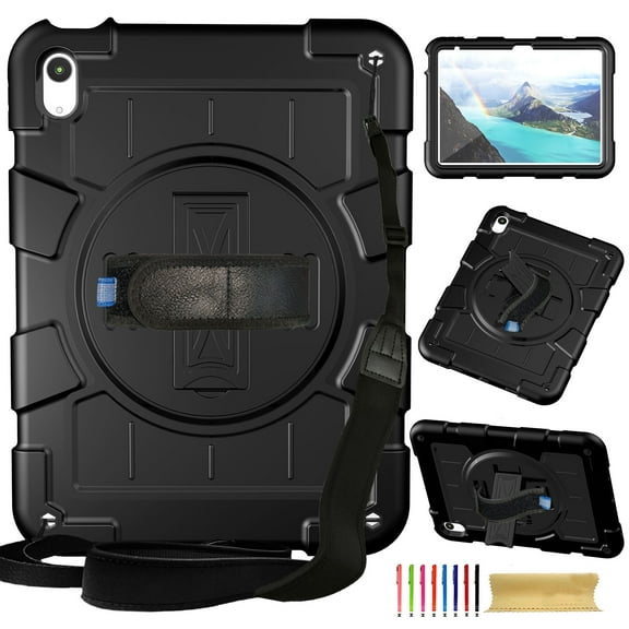 Dteck Case for iPad 10th Generation 10.9" 2022, Military Grade Shockproof Silicone Protective Cover for iPad 10th Gen 10.9 Inch Rotatable Stand with Handle Holder Shoulder Strap Cover, Black