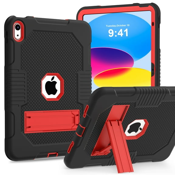 Dteck Case for iPad 10th Generation 10.9 Inch 2022, Built-in Kickstand Heavy Duty Shockproof Rugged Protective Case for iPad 10.9 Inch 10th Gen 2022 Release,Black+Red