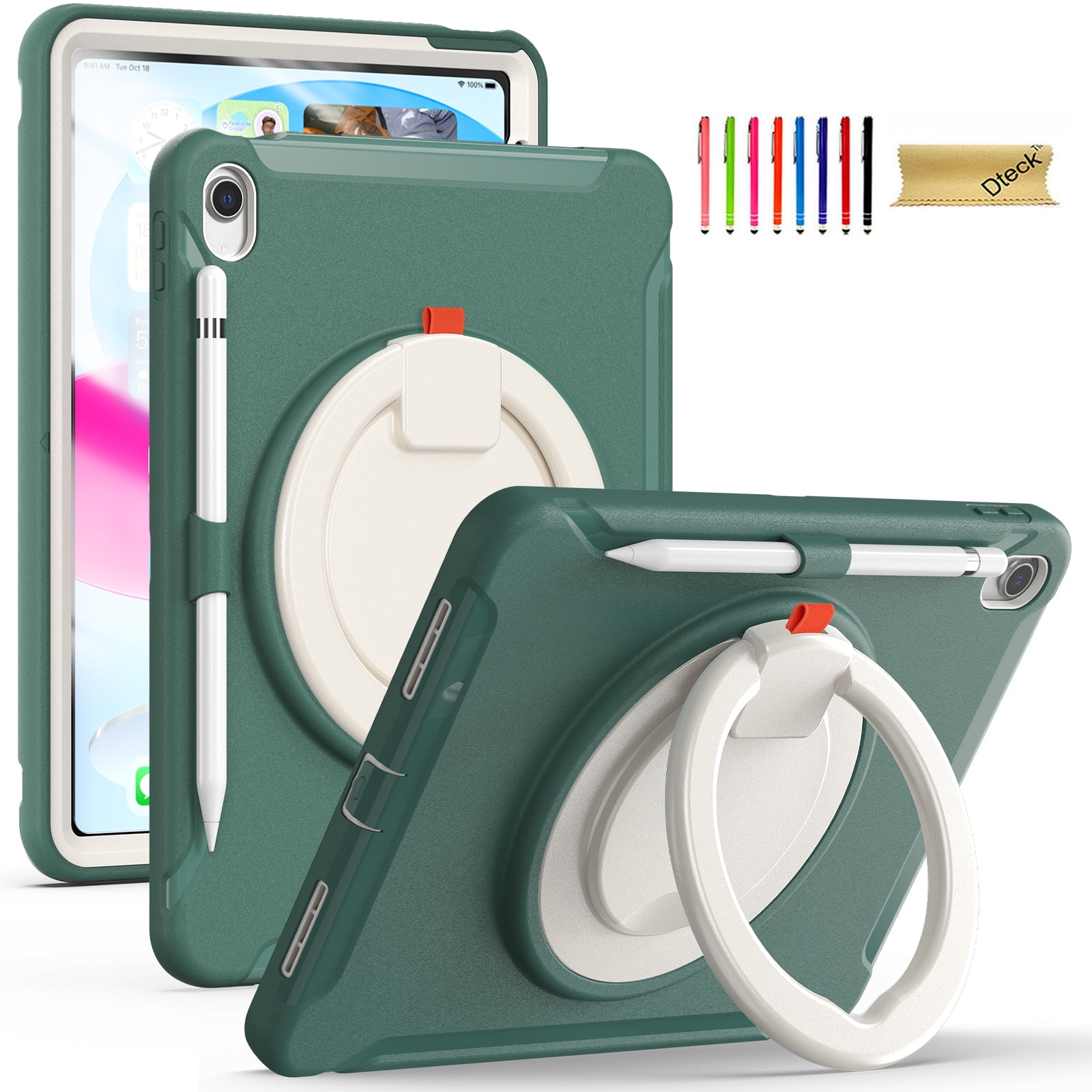 Dteck Case for iPad 10th Generation 10.9 inch 2022 with Hand Grip, Portable Carrying Rugged Shockproof Cover with Rotatable Stand Pencil Holder for Apple iPad 10th Gen,Deep Green