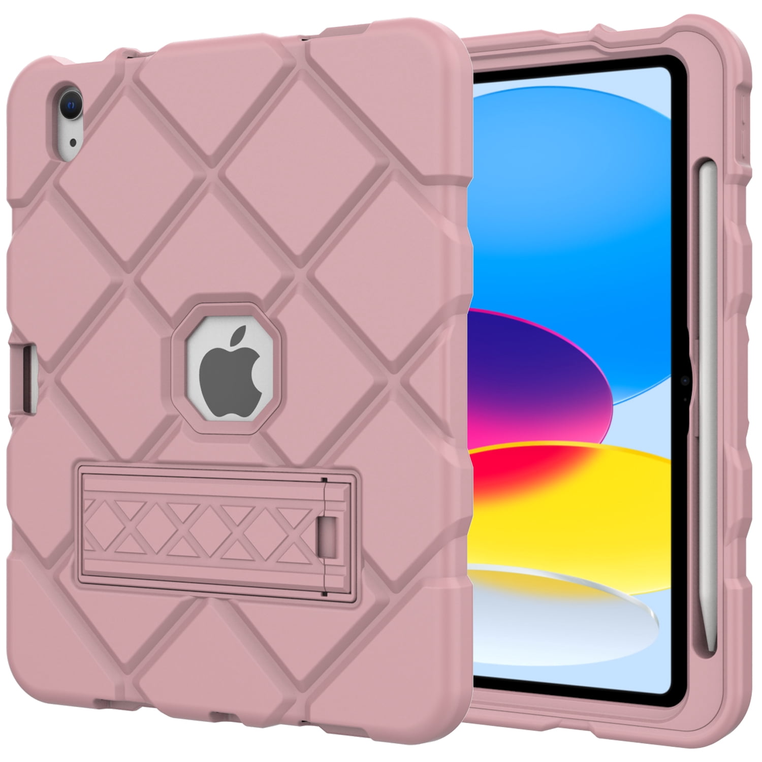 Dteck Case for iPad 10th Generation 10.9 inch 2022,Heavy Duty Rubber Rugged Hybrid Shockproof Hard Case Built-in Pencil Holder Kickstand Cover,Rosegold