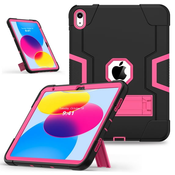 Dteck Case for iPad 10th Generation 10.9-inch 2022,iPad 11-inch (A16) 2025 Heavy Duty Rugged Case 3-Layer Protection Armor Kickstand Shockproof Cover for iPad 10th/11th Generation,Black+Rose