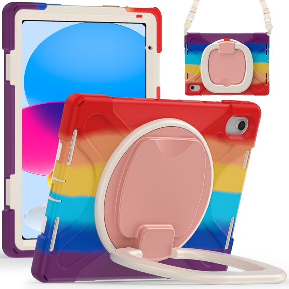 Dteck Case for iPad 10th Generation 2022 with Adjustable Shoulder Strap Heavy Duty Hybrid Shockproof Rotatable Kickstand Hand Strap Rugged Case,Colorful Red