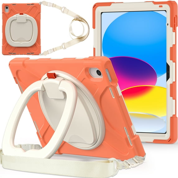 Dteck Case for iPad 10th Generation 2022 with Adjustable Shoulder Strap Heavy Duty Hybrid Shockproof Rotatable Kickstand Hand Strap Rugged Case,Livingcoral