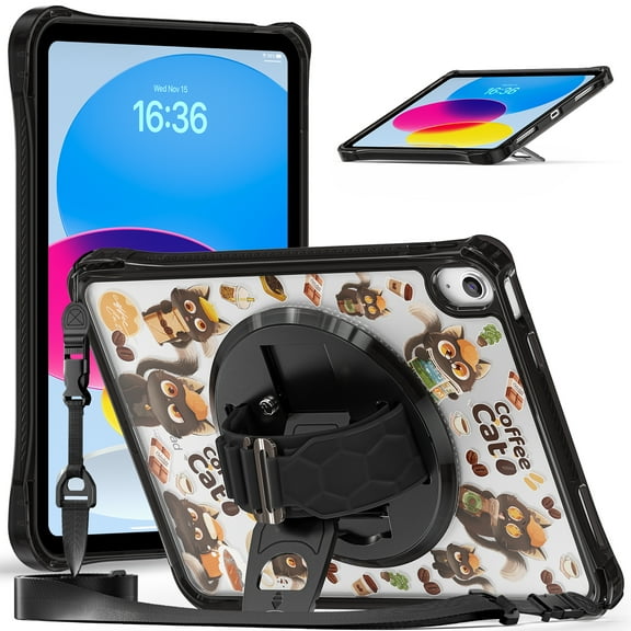 Dteck Case for iPad 11 Inch (A16) 2025/ iPad 10th Generation 10.9 Inch 2022, Cute Cartoon Kids-Friendly Shockproof Clear Case with 360 Degree Rotating Stand/Shoulder Strap,Cat