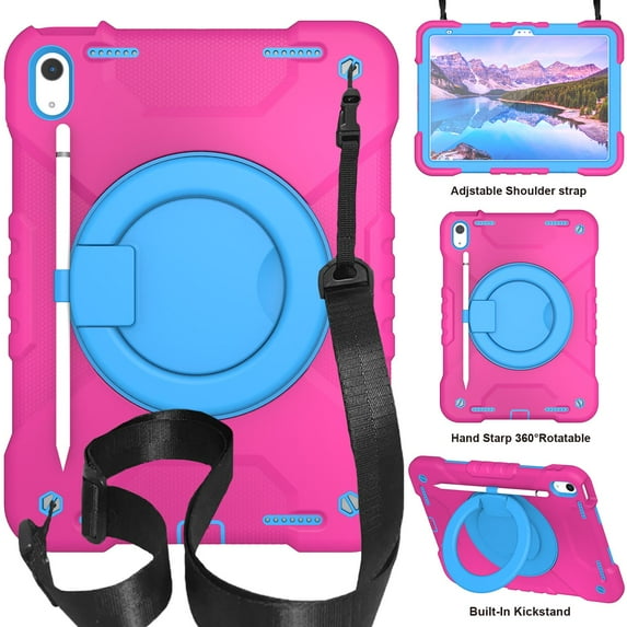 Dteck Case for iPad 11-inch (A16) 2025/iPad 10th Generation 10.9 inch 2022,Heavy Duty 3-Layer Protection Case Shockproof Hand Grip 360 Rotating Kickstand Hard Cover with Shoulder Strap,Rose+Blue