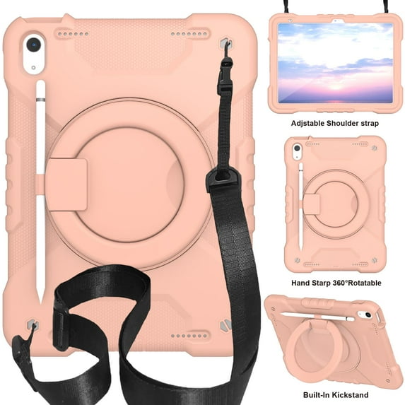 Dteck Case for iPad 11-inch (A16) 2025/iPad 10th Generation 10.9 inch 2022,Heavy Duty 3-Layer Protection Case Shockproof Hand Grip 360 Rotating Kickstand Hard Cover with Shoulder Strap,Rosegold