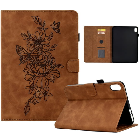 Dteck Case for iPad 11-inch (A16) 2025/iPad 10th Generation 10.9 inch 2022,Magnetic Leather Flower Pattern Card Slots Smart Case Shockproof Rubber Kickstand Cover,Brown