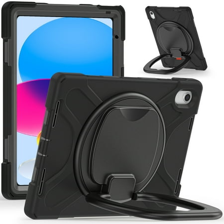 Dteck Case For iPad 11-inch (A16) 2025/iPad 10th Generation 10.9 inch,Heavy Duty Armor Protection Rotatable Kickstand Handle Case Shockproof Rubber Rugged Cover for iPad 10th/11th Gen,Black