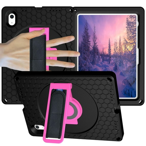 Dteck Case For iPad 11-inch (A16) 2025/ iPad 10th Generation,Heavy Duty Rubber Case Shockproof Rotatable Kickstand Cover with Adjustable Hand/Shoulder Strap for iPad 10th/11th Gen,Black/Rose