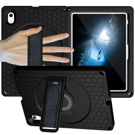 Dteck Case For iPad 11-inch (A16) 2025/ iPad 10th Generation,Heavy Duty Rubber Case Shockproof Rotatable Kickstand Cover with Adjustable Hand/Shoulder Strap for iPad 10th/11th Gen,Black