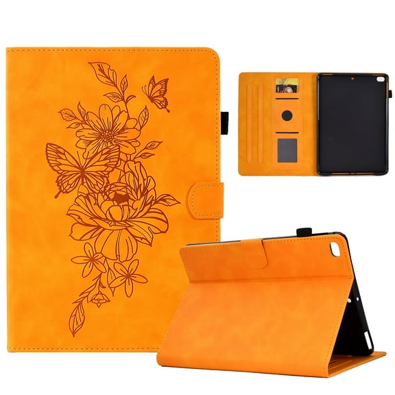 Dteck Case for iPad 5th/6th Generation (9.7-inch, 2017/2018), iPad Air/Air 2/iPad Pro 9.7 Magnetic Leather Flower Pattern Card Slots Smart Case Shockproof Rubber Kickstand Cover, Khaki