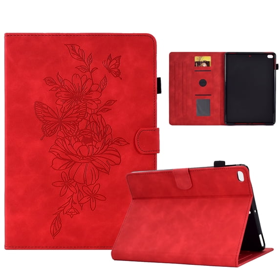 Dteck Case for iPad 5th/6th Generation (9.7-inch, 2017/2018), iPad Air/Air 2/iPad Pro 9.7 Magnetic Leather Flower Pattern Card Slots Smart Case Shockproof Rubber Kickstand Cover, Red