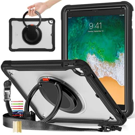 Dteck Case for iPad 5th/6th Generation/iPad Air/Air 2 9.7-inch,Military Grade Shockproof TPU Protective Cover for Kids with Stand -Grip Handle - Shoulder Strap,Black