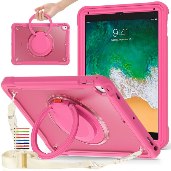 Dteck Case for iPad 5th/6th Generation/iPad Air/Air 2 9.7-inch,Military Grade Shockproof TPU Protective Cover for Kids with Stand -Grip Handle - Shoulder Strap,Rose