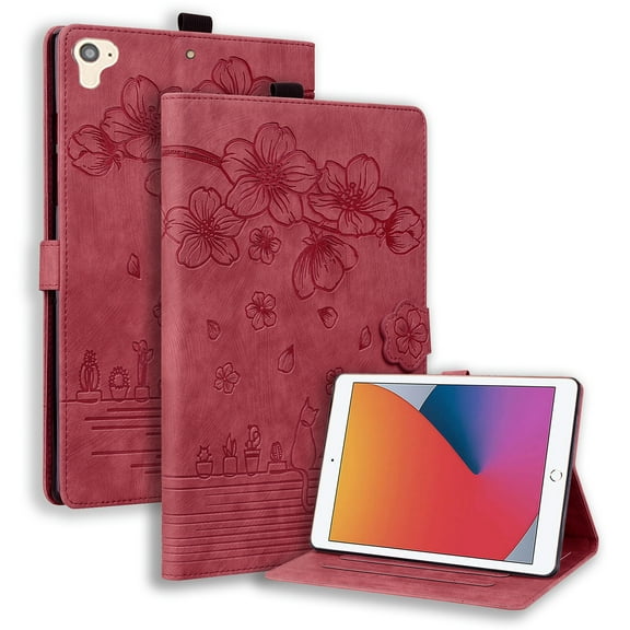 Dteck Case for iPad 6th/5th Generation, iPad 9.7 Inch 2018/2017 Case with Card Slots Full Body Protective Case for iPad 5th/6th Gen/Air 2/ Pro 9.7 Embossed PU Leather Folio Cover,Red