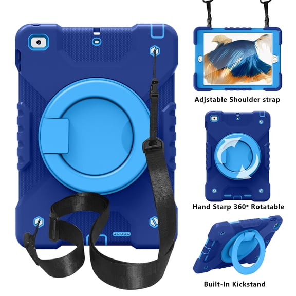 Dteck Case for iPad 9.7" 2018/2017, Heavy Hybrid Rugged Shockproof Case with Handle Kickstand/Adjustable Shoulder Strap for iPad 6th Gen/iPad 5th Gen 9.7",Navy+Blue