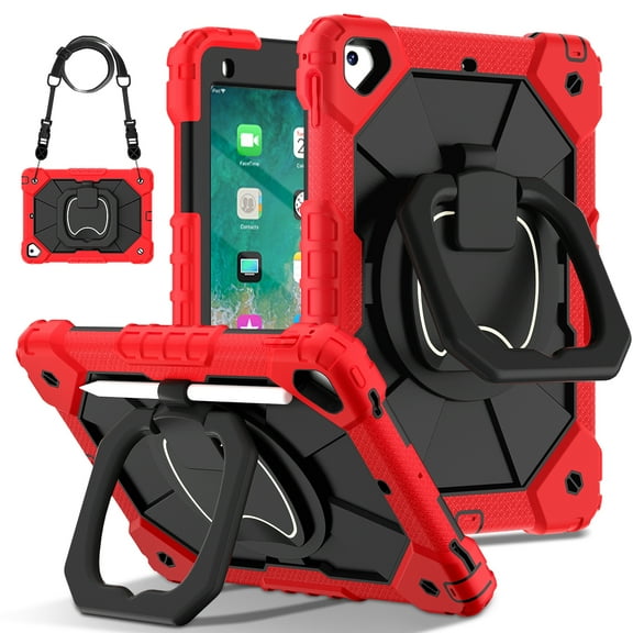 Dteck Case for iPad 9.7 2018/2017, iPad 6th/5th Generation Case with Rotating Handle Stand, Heavy Duty Hybrid Shockproof Rugged Case with Shoulder Strap for iPad Air 2/6th/5th Gen/Pro 9.7,Red + Black