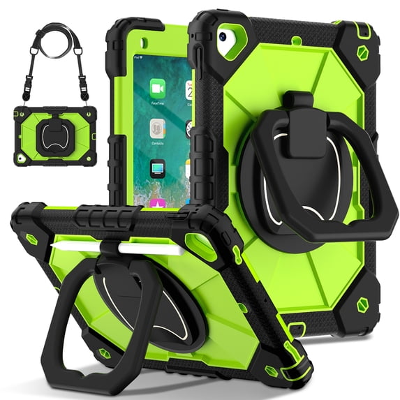 Dteck Case for iPad 9.7 2018/2017, iPad 6th/5th Generation Case with Rotating Handle Stand, Heavy Duty Hybrid Shockproof Rugged Case with Shoulder Strap for iPad Air 2/6th/5th Gen/Pro 9.7Black + Green
