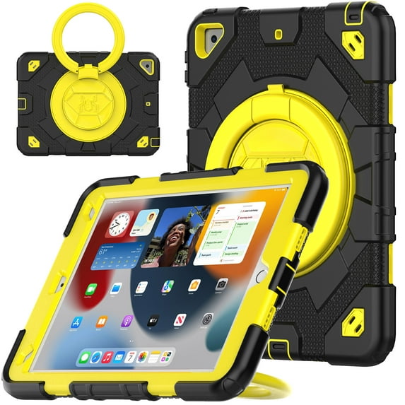 Dteck Case for iPad 9th 8th 7th Gen 10.2-inch,Heavy Duty 3-Layer Protection Case 360 Rotating Handle Grip Stand with Shoulder Strap Kids Friendly Cover for iPad 10.2" 2021/2020/2019,Black+Yellow