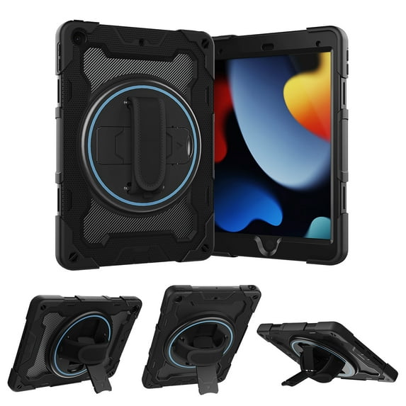 Dteck Case for iPad 9th/8th/7th Gen 10.2 inch,Heavy Duty Protection Rugged Case Shockproof Rubber Kickstand Cover with Hand Strap for iPad 10.2" 2021/2020/2019,Black