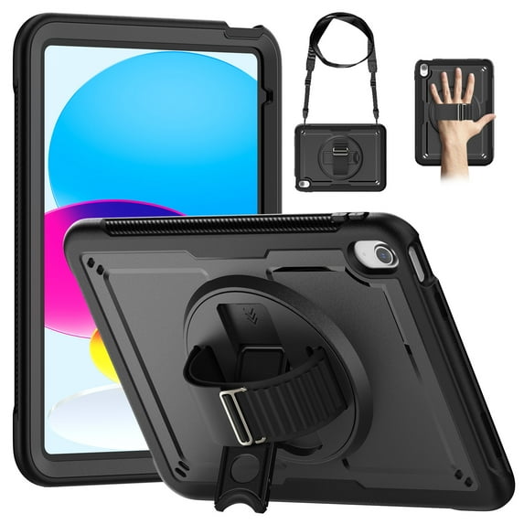 Dteck Case for iPad 9th/ 8th/ 7th Generation 10.2", Military Grade Shockproof Rugged Case with 360°Rotating Stand, Hand/Shoulder Strap and Pen Holder,Black