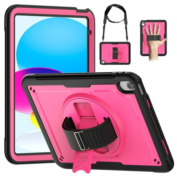 Dteck Case for iPad 9th/ 8th/ 7th Generation 10.2", Military Grade Shockproof Rugged Case with 360°Rotating Stand, Hand/Shoulder Strap and Pen Holder,Rose