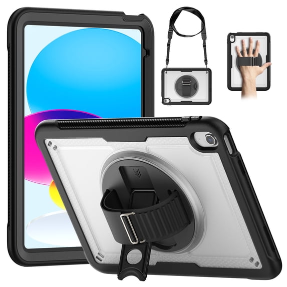 Dteck Case for iPad 9th/ 8th/ 7th Generation 10.2", Military Grade Shockproof Rugged Case with 360°Rotating Stand, Hand/Shoulder Strap and Pen Holder,Clear