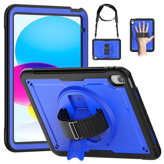 Dteck Case for iPad 9th/ 8th/ 7th Generation 10.2", Military Grade Shockproof Rugged Case with 360°Rotating Stand, Hand/Shoulder Strap and Pen Holder,Deep Blue