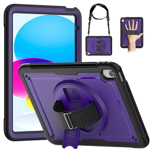 Dteck Case for iPad 9th/ 8th/ 7th Generation 10.2", Military Grade Shockproof Rugged Case with 360°Rotating Stand, Hand/Shoulder Strap and Pen Holder,Purple