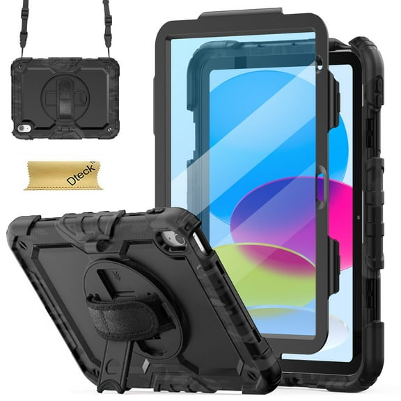 Dteck Case for iPad 9th/ 8th/ 7th Generation 10.2", Shockproof with Screen Protector, Pencil Holder 360° Rotating Hand Strap Shoulder Strap & Stand, for iPad 10.2 inch 2021-2019,Black