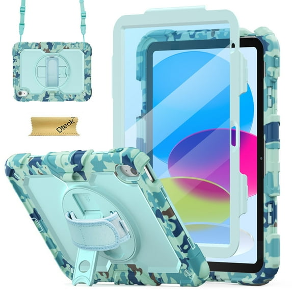 Dteck Case for iPad 9th/ 8th/ 7th Generation 10.2", Shockproof with Screen Protector, Pencil Holder 360° Rotating Hand Strap Shoulder Strap & Stand, for iPad 10.2 inch 2021-2019,Blue