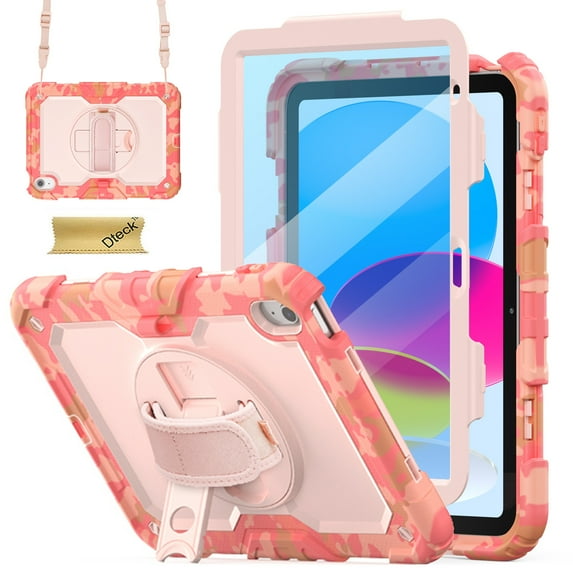 Dteck Case for iPad 9th/ 8th/ 7th Generation 10.2", Shockproof with Screen Protector, Pencil Holder 360° Rotating Hand Strap Shoulder Strap & Stand, for iPad 10.2 inch 2021-2019,Pink