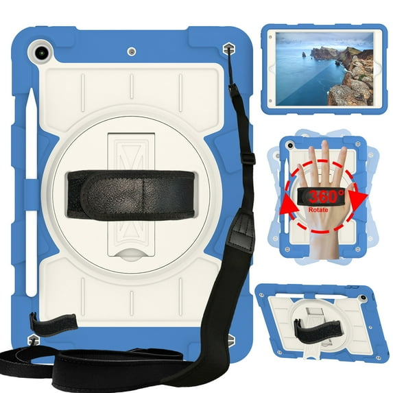 Dteck Case for iPad 9th/ 8th/ 7th Generation 10.2 inch (Case for iPad 9/8/ 7 Gen), Heavy Duty Shockproof Cover with Rotating Stand Hand/Shoulder Strap Pencil Holder,Blue