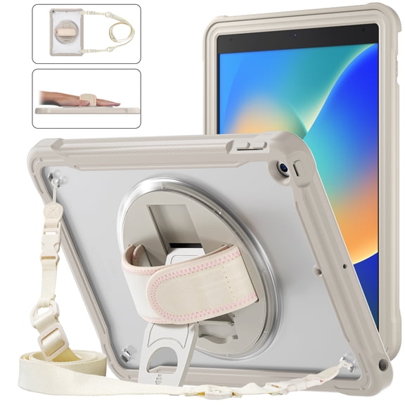 Dteck Case for iPad 9th/8th/7th Generation, 10.2 Inch iPad Case 2021/2020/2019, Heavy Duty Impact Resistant Shockproof Rugged Protective Cover with Rotating Stand, Hand/Shoulder Strap,White