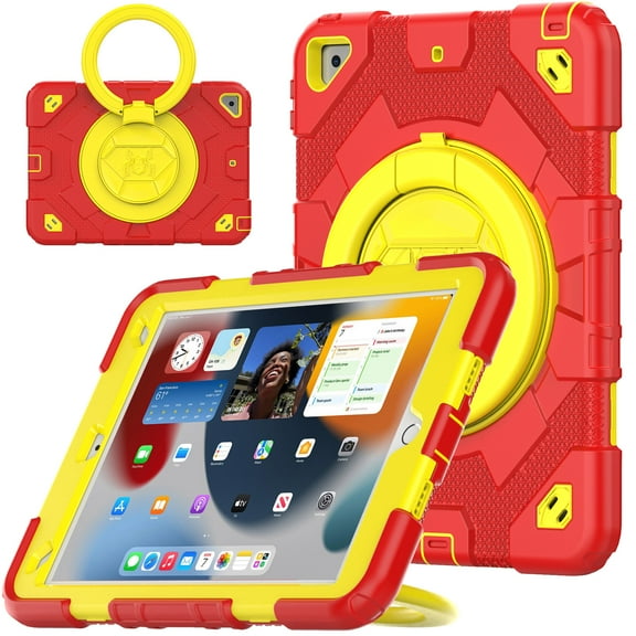 Dteck Case for iPad 9th 8th 7th Generation 10.2-inch,Heavy Duty 3-Layer Protection Case 360 Rotating Handle Grip Stand with Shoulder Strap Kids Friendly Cover for iPad 10.2" 2021/2020/2019,Red