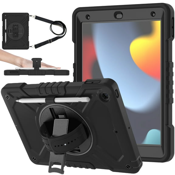 Dteck Case for iPad 9th 8th 7th Generation 10.2-inch,Heavy Duty Rugged Drop Proof Shockproof Armor Case with Stand Pencil Holder Hand Strap Shoulder Strap for iPad 10.2" 2021/2020/2019,Black
