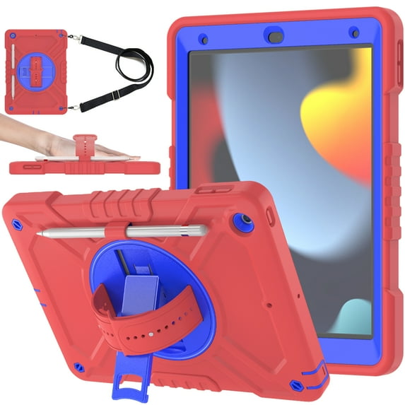 Dteck Case for iPad 9th 8th 7th Generation 10.2-inch,Heavy Duty Rugged Drop Proof Shockproof Armor Case with Stand Pencil Holder Hand Strap Shoulder Strap for iPad 10.2" 2021/2020/2019,Red+Blue
