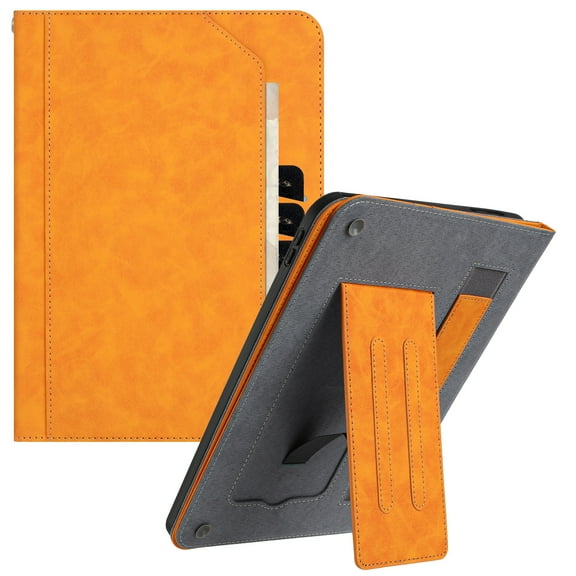 Dteck Case for iPad 9th 8th 7th Generation 10.2 inch,Luxury Leather+TPU Smart Card Holder Wallet Case Elastic Hand Strap Shockproof Foldable Stand Cover with Wrist Strap,Orange