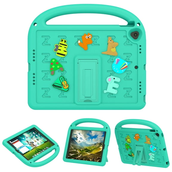 Dteck Case for iPad 9th/8th/7th Generation, iPad 10.2 Kids Case,Lightweight EVA Shockproof Handle Kids Case with Kickstand Cute DIY Accessories,Green (Cartoon Letters)