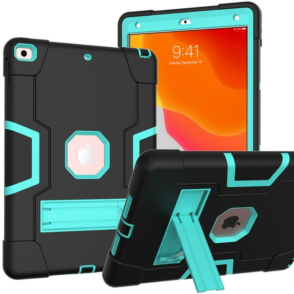 Dteck Case for iPad 9th Gen/8th Gen/7th Gen, iPad 10.2 Shockproof Kids Case 2021/2020/2019, Heavy Duty Hybrid Rugged 3 Layer Full Body Protection Case with Built-in Kickstand,Black/Mint